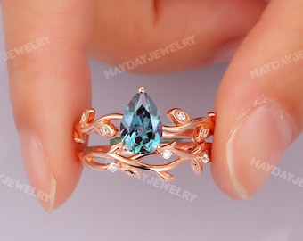 Vintage Blue Alexandrite Gemstone Jewelry | Nature Inspired 1.5CT Pear Cut Alexandrite Bridal Sets 18k Rose Gold | Leaf Alexandrite Ring Set