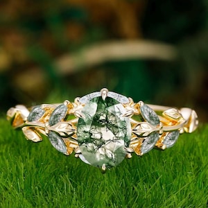 Zabytkowy owalny zielony agat mchu pierścionek zaręczynowy różowe złoto Naturalny agat mchu obrączka ślubna Branch Style Inspired Gemstone Cluster Ring prezent