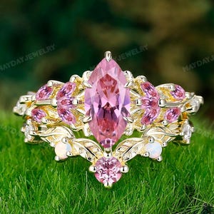 Marquise cut Pink Sapphire Engagement Ring Sets Yellow Gold Gemstone Marquise Cut Ring,Unique Bridal set Anniversary gift,Wedding Ring Gift