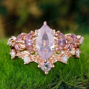 Nature Inspired Vintage Marquise Cut Natural Lavender Amethyst Engagement Ring Sets Rose Gold Art Deco Leaf Purple Gemstone Branch Jewelry