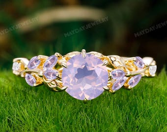 Anillo de compromiso de amatista lavanda natural Art Déco con gemas en forma de hoja y ramas, anillo inspirado en la naturaleza, anillo nupcial de amatista con cristal púrpura y diseño floral.