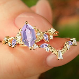 5x9mm Long Hexagon Cut Inspired Vintage Natural Lavender Amethyst Art Deco Leaf Purple Gemstone ring for women sterling silver purple ring