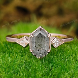 Hexagon Cut Diamond Engagement Rings Unique Bridal Geometric Crystal Diamond Promise Ring Silver Galaxy Raw Salt and Pepper Diamond Ring