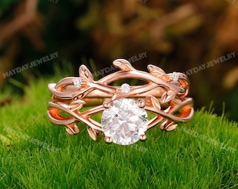 Twig Style Handmade Moissanite Lab Diamond Wedding Ring Sets Rose Gold | 1.0CT 6.5mm Round Cut Moissanite Simulated Dimand Engagement Ring