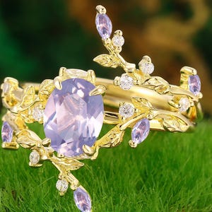 6x8mm Natural Lavender Amethyst Engagement Bridal Set cluster leaf nature inspired purple gemstone ring February Birthstone Ring Gift her