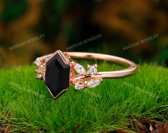 Vintage Black Gemstone Ring | 5x9mm Long Hexagon Cut Black Agate Ring | Handmade 18k Rose Gold Accents Marquise Cut Diamond Wedding Ring