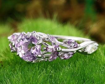 Vintage Nature Inspired Art Deco Leaf Ring Unique Anniversary Gifts for Women Lavender Amethyst Engagement Ring Solid 14K Gold Promise Ring