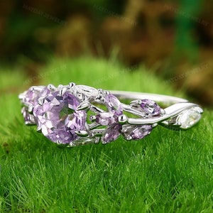Anello vintage ispirato alla natura, stile Art Déco, con foglie, regalo unico per anniversario per donne, anello di fidanzamento con lavanda e ametista, anello di promessa in oro massiccio 14 carati