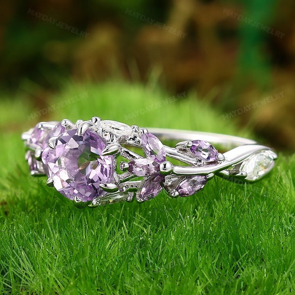 Vintage Nature Inspired Art Deco Leaf Ring Unique Anniversary Gifts for Women Lavender Amethyst Engagement Ring Solid 14K Gold Promise Ring