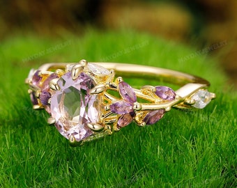 Unique Cluster Promise Ring For Her Gold Art Deco Leaf Gemstone Branch Nature Inspired Ring Vintage Oval Lavender Amethyst Engagement Ring