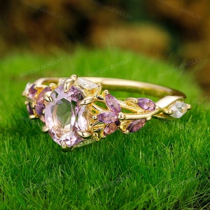 Unique Cluster Promise Ring For Her Gold Art Deco Leaf Gemstone Branch Nature Inspired Ring Vintage Oval Lavender Amethyst Engagement Ring