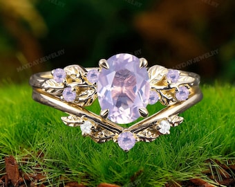 Art Deco 2pcs Bridal Ring Set Leaf Nature Inspired Women Unique 6X8MM Oval Cut Lavender Amethyst Engagement Ring Set February Birthstone