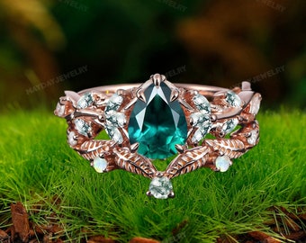 Vintage Emerald Engagement Ring Sets Leaf Green Gemstone Branch Nature Inspired Promise Ring For Her Rose Gold Art Deco Unique Cluster Ring