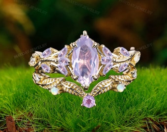 Nature Inspired Vintage Marquise Cut Natural Lavender Amethyst Engagement Ring Sets Rose Gold Art Deco Leaf Purple Gemstone Branch Jewelry
