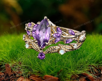 2-teiliges Brautset, Amethyst-Verlobungsring, massives 14-karätiges Weiß-Roségold, Verlobungsring im Marquise-Schliff, Amethyst, Hochzeit, Geburtsstein, Jahrestagsgeschenk