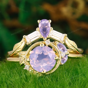 7mm Round Cut 1.25CT Natural Lavender Amethyst Bridal Ring Set Teardrop Shape Yellow Gold Leaf Purple Gemstone Branch Jewelry Promise Ring
