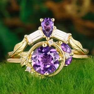 Round Cut 1.25CT Natural Amethyst Bridal Ring Pear Shape Yellow Gold Leaf Purple Gemstone February Birthstone Ring Set Branch Promise Rings