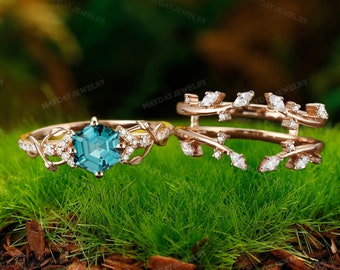 6mm Hexagon Cut emerald ring set moissanite versterker trouwring diamanten trouwring bruidsset vrouwen Vintage verlovingsring gouden bewaker