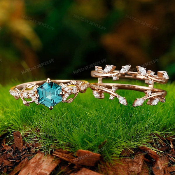 6mm Hexagon Cut emerald ring set moissanite enhancer wedding ring diamond wedding band bridal set women Vintage engagement ring gold guard