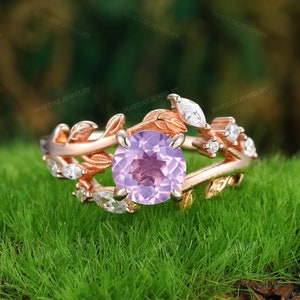 Unique Round Natural Lavender Amethyst Engagement Ring Handmade Leaf Accents Marquise Diamond Ring  Promise Ring Jewelry Gifts For Women