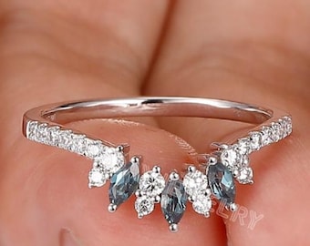 Witgouden alexandriet trouwring | Halve eeuwigheid marquise geslepen blauwe alexandriet ringversterker | Tiara alexandriet stapelringband cadeau