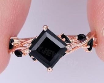 2.0CT Princess Cut Natural Black Onyx Promise Ring Solid Gold Ring Branch Style Handmade 4 Prong Black Onyx Healing Birthstone Gemstome Ring
