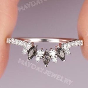 Zwarte rutielkwarts edelsteen stapelringband cadeau voor haar | Marquise geslepen zwarte kwarts trouwring | Halve eeuwigheid tiara ringverbeteraar