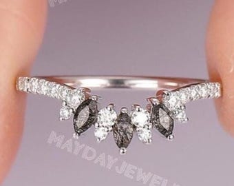 Black Rutilated Quartz Gemstone Stacking Ring Band Gift for Her | Marquise Cut Black Quartz Wedding Band | Half Eternity Tiara Ring Enhancer