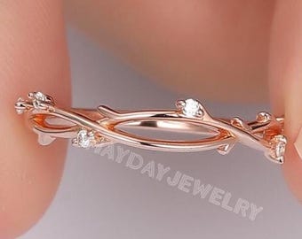 Obrączka ślubna dla kobiet | Codzienny pierścionek z diamentem w kształcie liścia | Solid Rose Gold Moissy Symulowany diament Pasujący do obrączki | Prezent urodzinowy dla niej