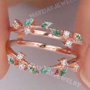 Green Emerald Leaf Style Ring Enhancer | Daily Ring | Tiara Marquise Cut Emerald Gemstone Birthstone Ring Guard Wedding Ring Band Solid Gold
