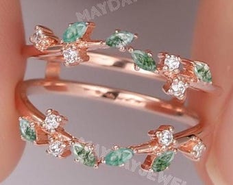 Zielony szmaragdowy liść stylowy pierścień wzmacniający | Codzienny pierścień | Tiara Marquise Cut szmaragd kamień szlachetny obrączka obrączka ślubna solidne złoto