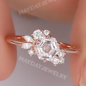 Cluster Ring | Vintage 6mm Hexagon Shape Moissanite Lab Diamond Anniversary Gift | Antique Simulated Diamond Engagement Ring 14k Solid Gold