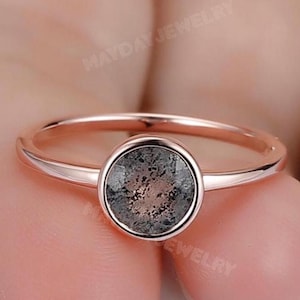 Herkimer NY Quartz Wedding Ring |  Rose Gold Diamond Anniversary Ring | Danity 7mm Round Cut Salt Pepper Herkimer Diamond Birthstone Ring