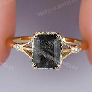 Wedding Ring Girl | Antique Natural Salt Pepper Gray Herkimer Diamond Engagement Proposal Ring | Black White Diamond Bezel Set Promise Ring