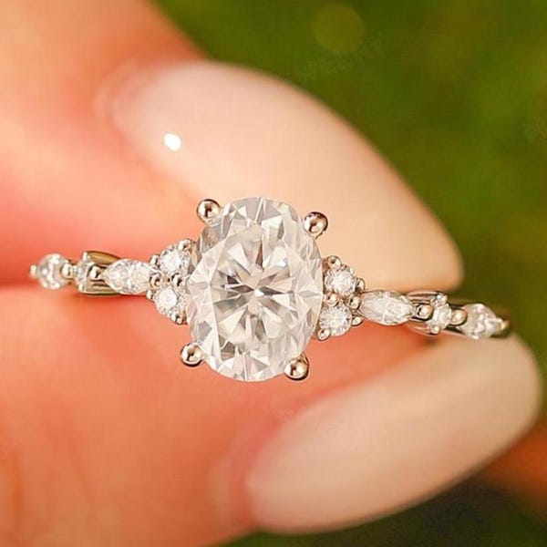Dainty Oval Cut Moissanite Engagement Ring Stacking Ring White Gold Cluster Moissanite Ring With Moissanite Diamonds Vintage Ladies Jewelry
