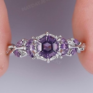 Hexagon cut amethyst ring gold silver for women vintage amethyst engagement ring unique cluster engagement ring moissanite ring for women