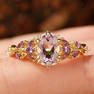 Rose Gold Art Deco Oval Cut 1.5CT Lavender Amethyst Engagement Ring Cluster Leaf Nature Inspired Purple Bridal Wedding Ring Women Jewelry