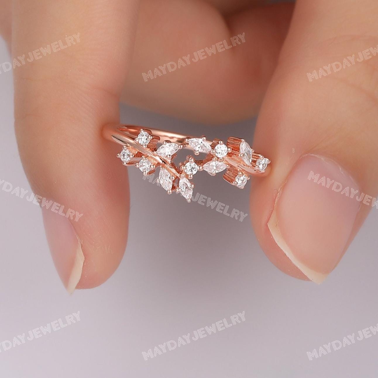 Pierścień w kształcie liścia, pierścień wzmacniający, pierścień wzmacniający Moissanite z diamentem laboratoryjnym, pierścień obietnicy pasujący do klastra dla niej