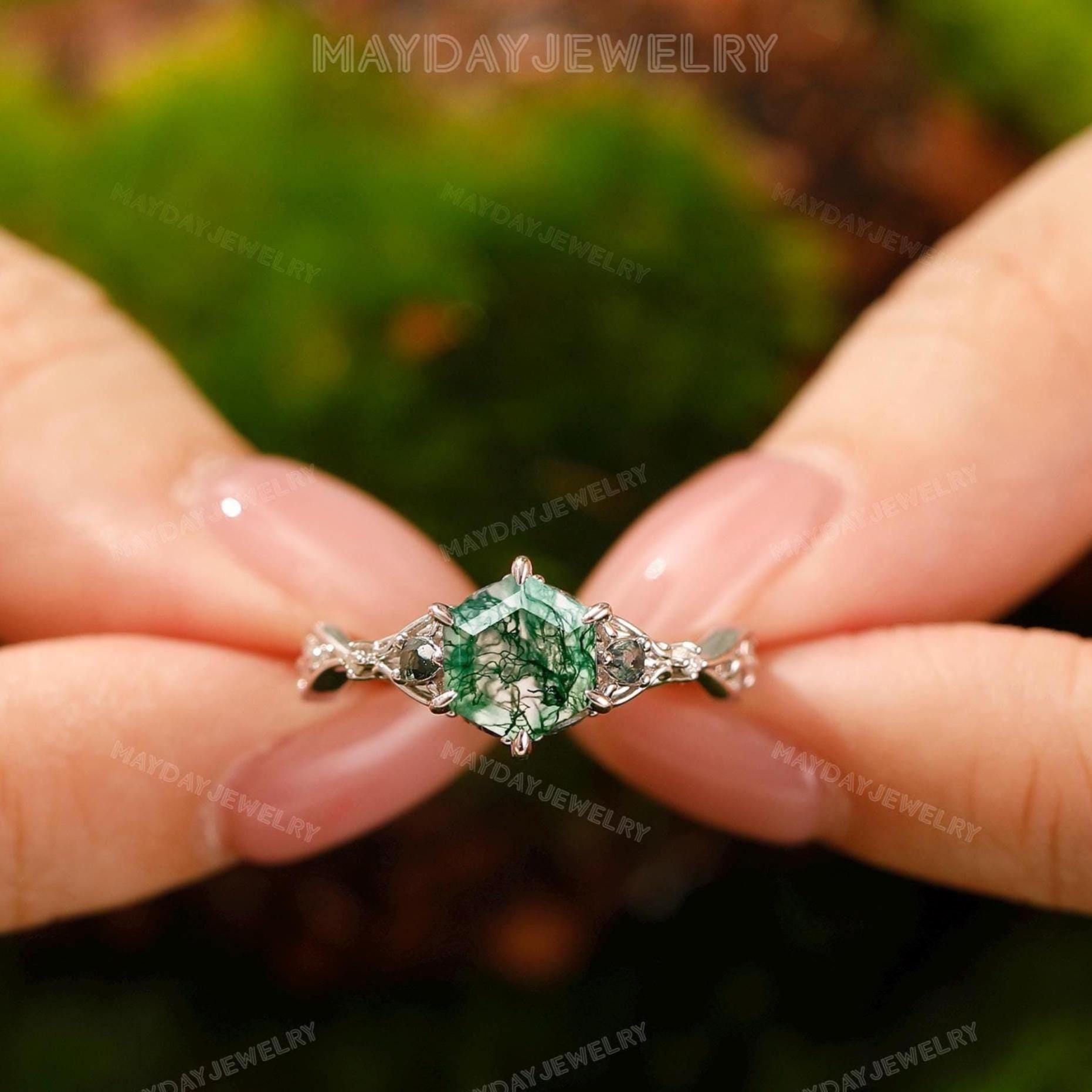 Hexagon cut Moss Agate engagement ring gift gem ring Handmade Ring for girl, Birthstone ring Unique rose gold promise ring Anniversary gift