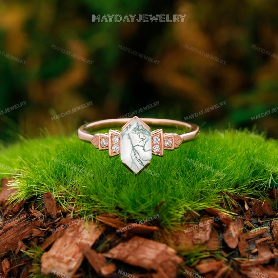 Bezel Set Moss Agate Ring Solid Gold Hexagon Cut Natural Moss