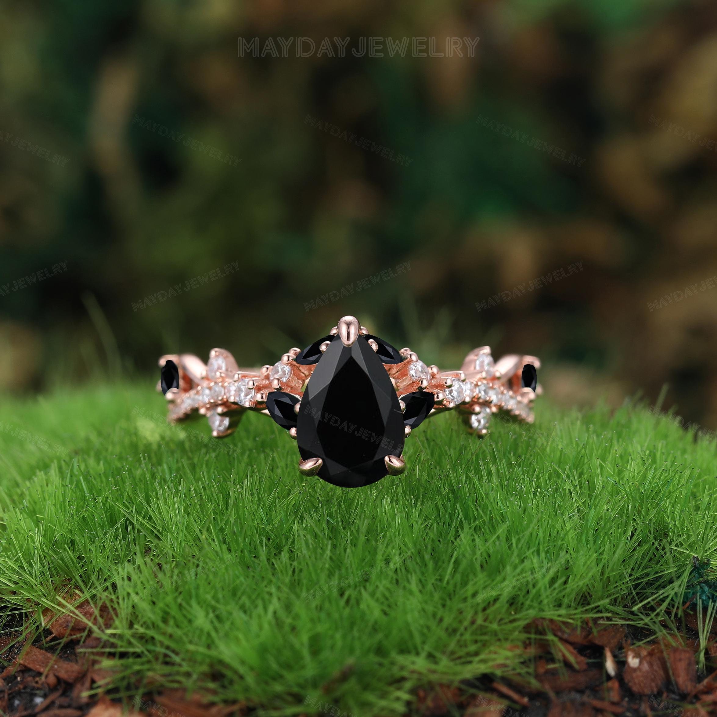 Twist Pave Set Moissanite Bridal Promise Gift Jewerly Pear Shaped Black Onyx Agate Engagement Ring Black Healing Gemstone Crystal Women Ring