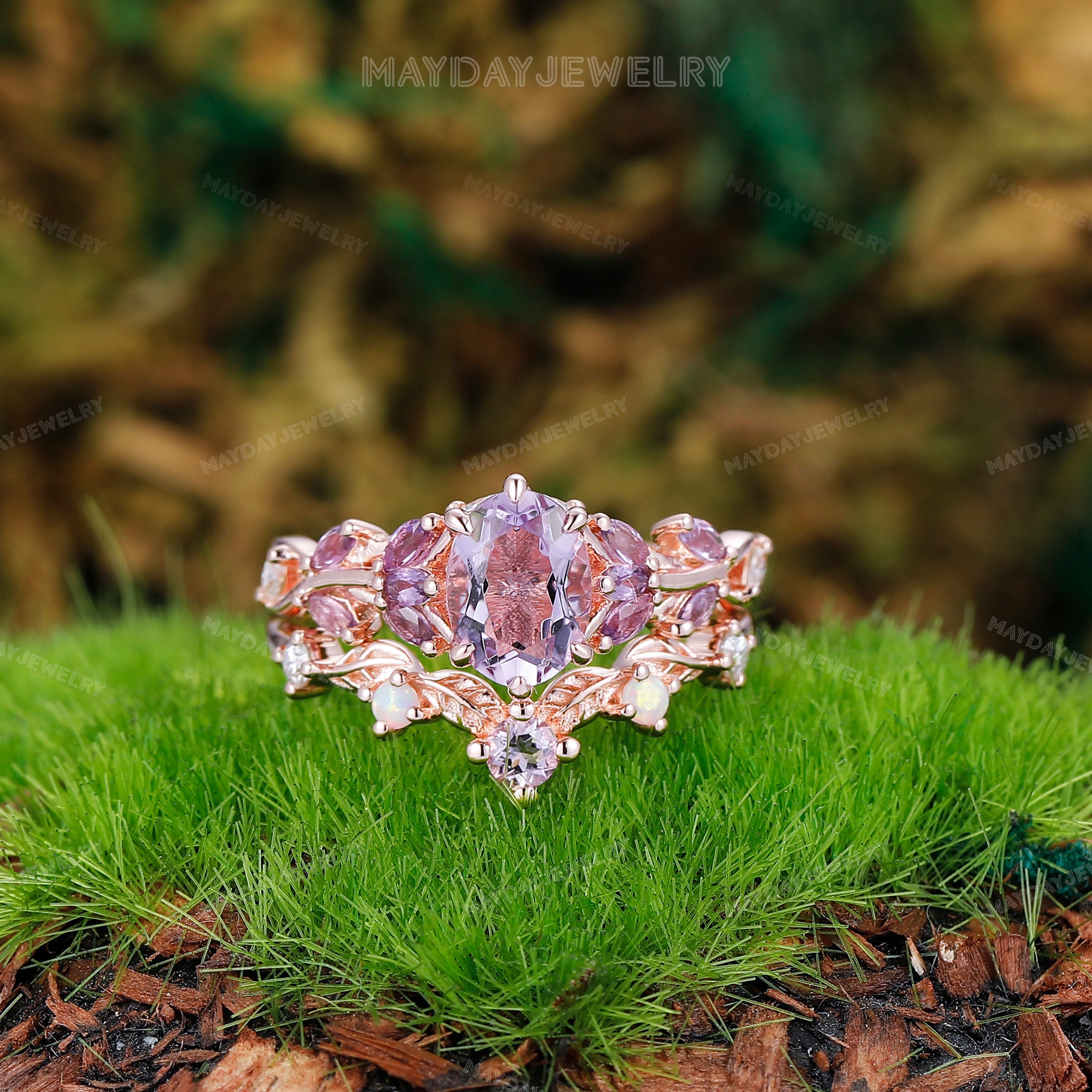 Nature Inspired Cluster Promise Ring For Her Vintage Rose Gold Art Deco Leaf Gemstone Branch Oval Lavender Amethyst Engagement Ring Sets