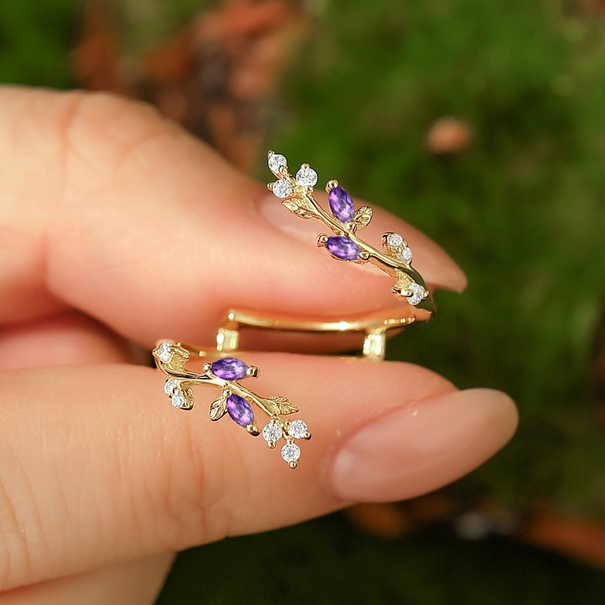 Marquise Cut Vine Ring Purple Amethyst Vintage Moissanite Anniversary Gift 14k Solid Gold Promise Ring Nature Inspired Leaf Jewelry for Her