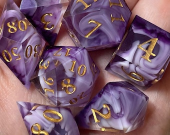 Handmade Swirl Effect Dice Set: Purple Gold Dungeons and Dragons Dice