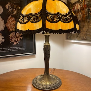 Amber Slag Glass Lamp – Antique Style Caramel Panel Shade with Cast Filigree Overlay