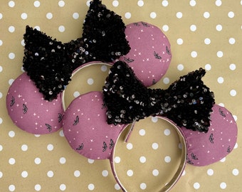 Halloween Bat Minnie Ears | Black Sequin Bow, Haunted Theme, Handmade