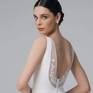 Minimalist Crepe Wedding Dress – Boat Neck Front and Lace V-Back Bridal Gown | Goldie