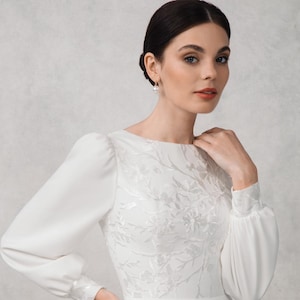 Modest Long Sleeve Wedding Dress with Embroidered Bodice – Carolina