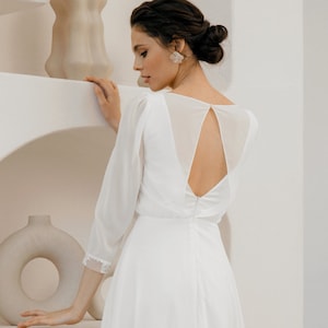 Flowy Chiffon Wedding Dress with Open Back and Long Sleeves | Odetta