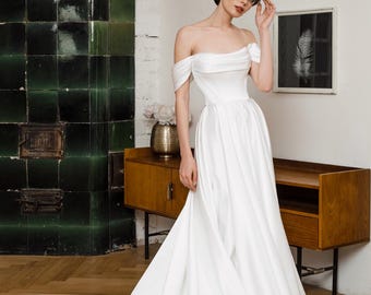 Off Shoulder Satin Wedding Dress with Corset Back | Augusta